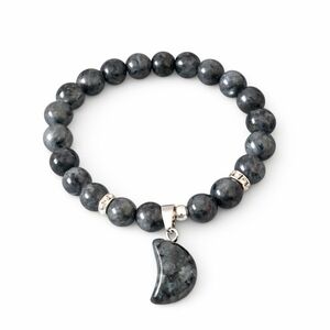Natural Gemstone Stretch Bracelet w/ Moon Charm (Labradorite/Larvikite + Quartz)